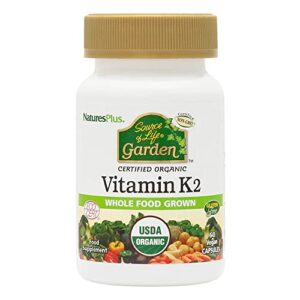 NaturesPlus Source of Life Garden Certified Organic Vitamin K2-120 mcg, 60 Vegan Capsules - Bone Health Supplement - with Natural Whole Food Enzymes - Vegetarian, Gluten-Free - 60 Servings