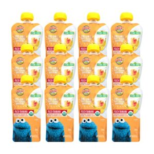 earth’s best organic kids snacks, sesame street toddler snacks, organic fruit yogurt smoothie for toddlers 2 years and older, peach banana, 4.2 oz resealable pouch (pack of 12)