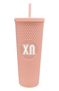 sororiy shop chi omega studded tumbler with straw – 24 oz tumbler with lid and straw, matte coral, reusable plastic cup with screen printed greek letters for water, ice coffee or any drink