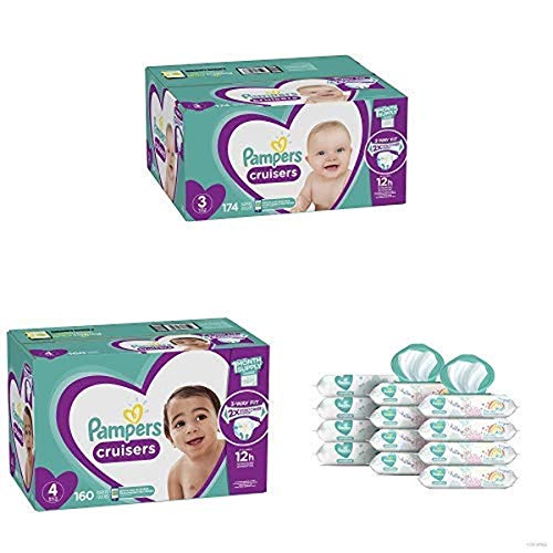 Pampers Bundle - Cruisers Disposable Baby Diapers Sizes 3, 174 Count & 4, 160 Count with Pampers Sensitive Water-Based Baby Wipes, 12 Pop-Top and Refill Combo Packs, 864 Count