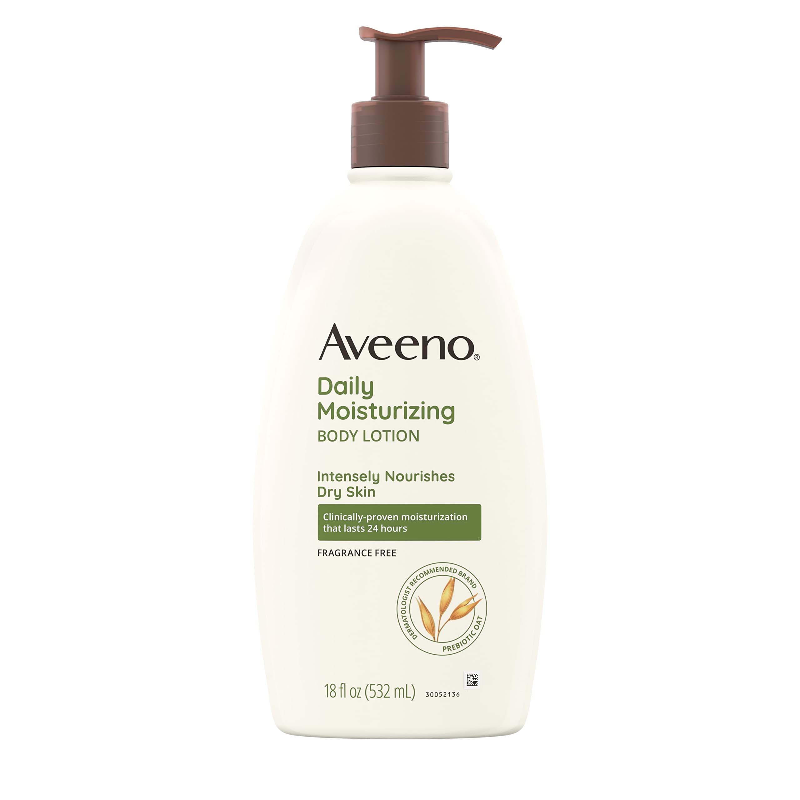 Aveeno Daily Moisturizing Body Lotion with Soothing Prebiotic Oat, Gentle Lotion Nourishes Dry Skin With Moisture, Paraben-, Dye- & Fragrance-Free, Non-Greasy & Non-Comedogenic, 18 fl. oz