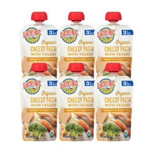 earth’s best organic baby food pouches, stage 3 homestyle meal puree for babies 9 months and older, organic cheesy pasta with vegetables, 3.5 oz resealable pouch (pack of 6)
