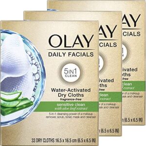 olay daily gentle clean 5-in-1 water activated cloths, 33 count (pack of 3)