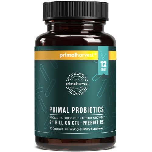 Primal Harvest PREbiotics and PRObiotics for Women & Men, Primal Probiotics 30 Oral Probiotics Capsules for Gut Health, 12 Dynamic Strains Probiotics for Women