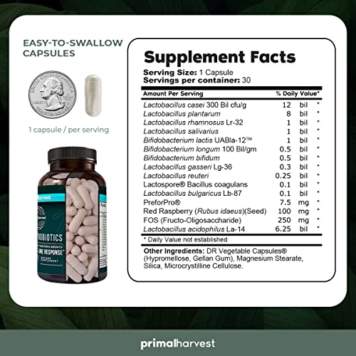 Primal Harvest PREbiotics and PRObiotics for Women & Men, Primal Probiotics 30 Oral Probiotics Capsules for Gut Health, 12 Dynamic Strains Probiotics for Women