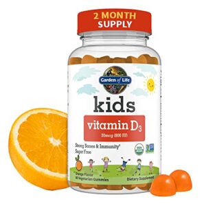 garden of life kids organic vitamin d3 gummies with 800 iu (100% daily value) for strong bones, teeth, brain & immunity – non-gmo, no gluten, vegetarian, sugar free, orange flavor, 60 servings