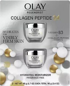 olay regenerist collagen peptide 24 face moisturizer with niacinamide, pack of 2 of 1.7 oz. in blister pack for firmer skin, anti-wrinkle fragrance-free