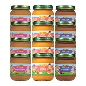earth’s best organic baby food jars, stage 2 fruit puree for babies 6 months and older, organic fruit variety pack, 4 oz resealable glass jar (pack of 12)