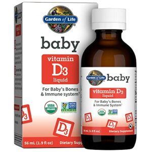 garden of life baby vitamin d3 liquid, 600 iu (15 mcg) organic liquid vitamin d for infants & toddlers, support for baby’s bones & immune system, gluten free & non-gmo, 56 ml (1.9 fl oz) liquid