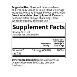 Garden of Life Baby Vitamin D3 Liquid, 600 IU (15 mcg) Organic Liquid Vitamin D for Infants & Toddlers, Support for Baby's Bones & Immune System, Gluten Free & Non-GMO, 56 mL (1.9 fl oz) Liquid