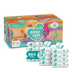 pampers easy ups and baby wipes – pull on disposable potty training underwear for girls and boys, size 7 (5t-6t), 84 count with sensitive wipes, 12x pop-top packs, 864 count