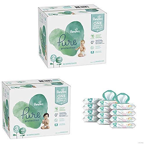 Pampers Bundle - Pure Disposable Baby Diapers Sizes 2, 186 Count & 3, 168 Count with Pampers Sensitive Water-Based Baby Wipes, 12 Pop-Top and Refill Combo Packs, 864 Count
