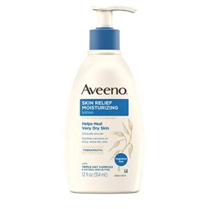 aveeno skin relief moisturizing lotion for very dry skin with soothing triple oat & shea butter formula, dimethicone skin protectant helps heal itchy, dry skin, fragrance-free, 12 fl. oz