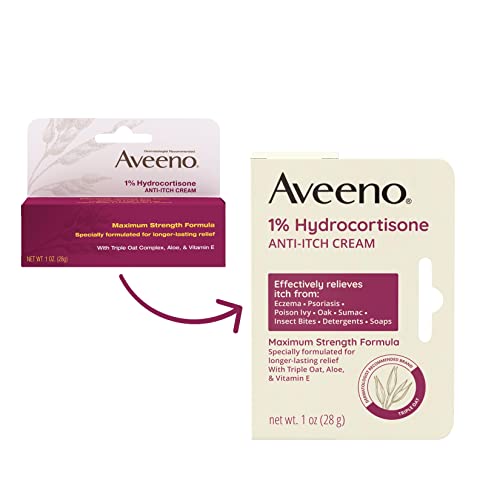 Aveeno Maximum Strength 1% Hydrocortisone Anti-Itch Cream with Pure Oat Essence, Triple Oat Complex, Aloe & Vitamin E, for Itch, Rash & Redness Relief, 1 oz Pack of 2