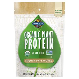 garden of life organic plant based protein powder – smooth unflavored – vegan, grain free & gluten free shake for women and men – 10 servings, 15g protein, probiotics & enzymes, 0g sugar, stevia free