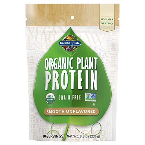 Garden of Life Organic Plant Based Protein Powder - Smooth Unflavored - Vegan, Grain Free & Gluten Free Shake for Women and Men - 10 Servings, 15g Protein, Probiotics & Enzymes, 0g Sugar, Stevia Free