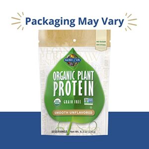 Garden of Life Organic Plant Based Protein Powder - Smooth Unflavored - Vegan, Grain Free & Gluten Free Shake for Women and Men - 10 Servings, 15g Protein, Probiotics & Enzymes, 0g Sugar, Stevia Free