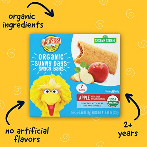 Earth's Best Organic Kids Snacks, Sesame Street Toddler Snacks, Organic Sunny Days Snack Bars for Toddlers 2 Years and Older, Apple with Other Natural Flavors, 7 Bars
