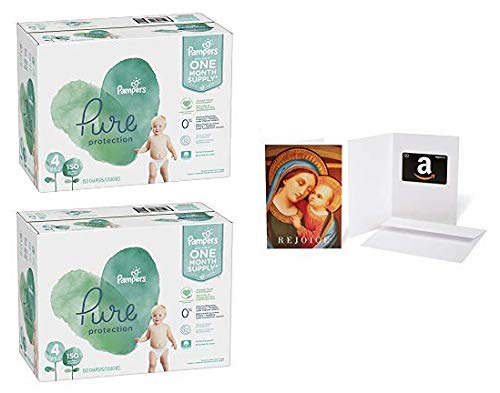 Size 4, 150 Count - Pampers Pure Disposable Baby Diapers, Hypoallergenic and Fragrance Free Protection (2 Qty) with Amazon.com $20 Gift Card in a Greeting Card (Madonna with Child Design)