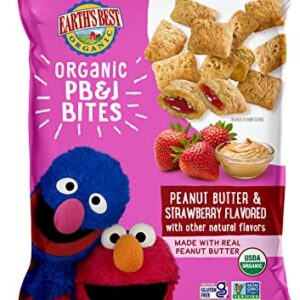 Earth's Best Organic Kids Snacks, Sesame Street Toddler Snacks, Organic PB&J Bites for Toddlers 2 Years and Older, Peanut Butter and Strawberry Flavored with Other Natural Flavors, 3 oz Bag