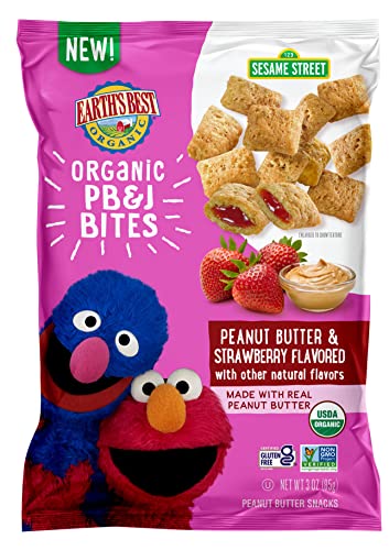 Earth's Best Organic Kids Snacks, Sesame Street Toddler Snacks, Organic PB&J Bites for Toddlers 2 Years and Older, Peanut Butter and Strawberry Flavored with Other Natural Flavors, 3 oz Bag