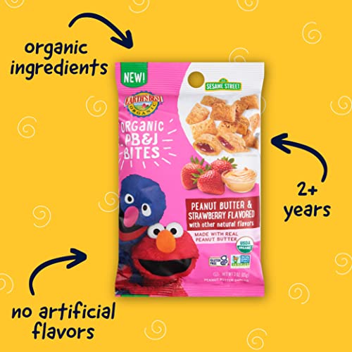 Earth's Best Organic Kids Snacks, Sesame Street Toddler Snacks, Organic PB&J Bites for Toddlers 2 Years and Older, Peanut Butter and Strawberry Flavored with Other Natural Flavors, 3 oz Bag