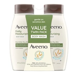 aveeno daily moisturizing body wash for dry, sensitive skin, oat body wash nourishes dry skin with moisture, soothing prebiotic oat & rich emollients, light fragrance, twin pack, 18 fl. oz