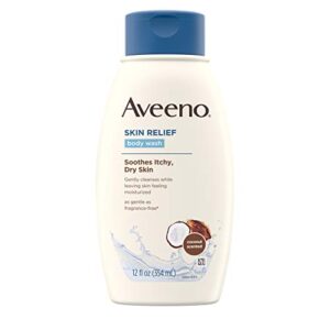 aveeno skin relief body wash with coconut scent & soothing oat, gentle soap-free body cleanser for dry, itchy & sensitive skin, dye-free & allergy-tested, 12 fl. oz