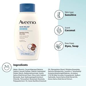 Aveeno Skin Relief Body Wash with Coconut Scent & Soothing Oat, Gentle Soap-Free Body Cleanser for Dry, Itchy & Sensitive Skin, Dye-Free & Allergy-Tested, 12 fl. oz