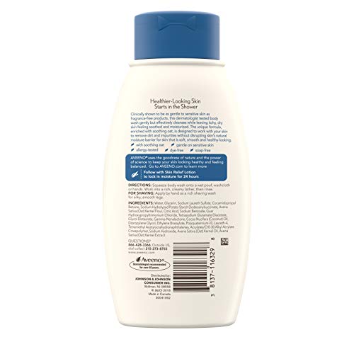 Aveeno Skin Relief Body Wash with Coconut Scent & Soothing Oat, Gentle Soap-Free Body Cleanser for Dry, Itchy & Sensitive Skin, Dye-Free & Allergy-Tested, 12 fl. oz