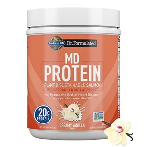 garden of life norwegian salmon & vanilla plant based protein with pea & fava plus immune support with probiotics for digestion & immunity – dr formulated md – non gmo, carbon neutral, 14 servings