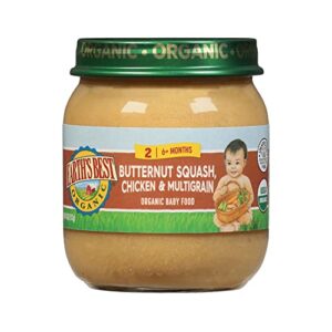 earth’s best organic baby food jars, stage 2 protein puree for babies 6 months and older, organic butternut squash chicken and multigrain, 4 oz resealable glass jar