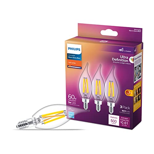 PHILIPS LED Ultra Definition Dimmable, Eye Comfort Technology, Soft White 2700K BA11, E12 Base with E26 Adapter, Clear Glass Light Bulb, 700 Lumen, 6.6W=75W, T20 Certified, 3-Pack (564492)