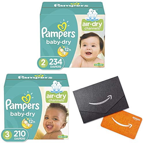 Diapers Size 2, 234 Count - Pampers Baby Dry Disposable Baby Diapers with Diapers Size 3, 210 Count and Amazon.com Gift Card in a Mini Envelope