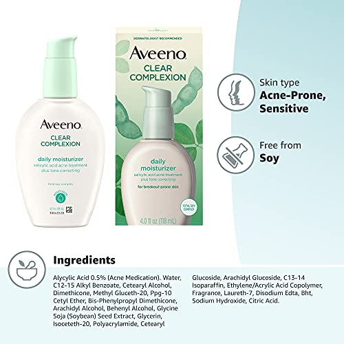 Aveeno Clear Complexion Salicylic Acid Acne-Fighting Daily Face Moisturizer for Breakout-Prone Skin & Uneven Tone, Total Soy Complex, Oil-Free, Hypoallergenic & Non-Comedogenic, 4 fl. oz