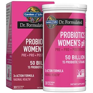 garden of life dr formulated womens ph probiotics 50 billion cfu, pre + pro + postbiotics – digestive, immune and vaginal support, potato, acacia, postbiotic metabolites, 30 vegetarian capsules