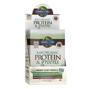 garden of life raw organic protein & greens chocolate – vegan protein powder for women and men, plant and pea proteins, greens & probiotics – gluten free low carb shake made without dairy, 10ct tray