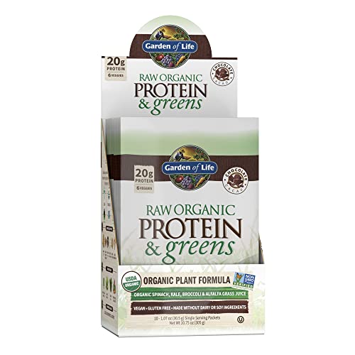 Garden of Life Raw Organic Protein & Greens Chocolate - Vegan Protein Powder for Women and Men, Plant and Pea Proteins, Greens & Probiotics - Gluten Free Low Carb Shake Made Without Dairy, 10ct Tray