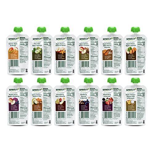 Sprout Organic Baby Food, Stage 2 Pouches, 12 Flavor Fruit Veggie & Grain Variety Sampler, 3.5 Oz (Pack of 12)