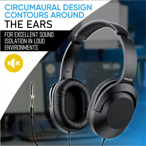 PHILIPS Over Ear Wired Stereo Headphones for Podcasts, Studio Monitoring and Recording Headset for Computer, Keyboard and Guitar with 6.3 mm (1/4") Add On Adapter