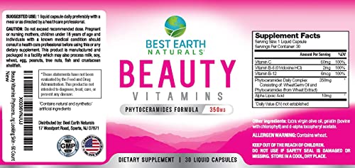 Best Earth Naturals Beauty Vitamins Phytoceramide Pills - Skin Hydrating Support Supplement with Alpha Lipoic Acid and More to Help Promote Hydrated Skin - 30 Count