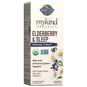 garden of life elderberry zinc immune support for adults and kids 12 and older with vitamin c – mykind organics elderberry & sleep immune syrup liquid with sleep herbs, no added sugars, 6.59 fl oz