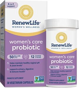 renew life probiotics for women, 50 billion cfu guaranteed, probiotic supplement for digestive, vaginal & immune health, shelf stable, soy, dairy & gluten free, 30 capsules
