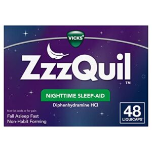 zzzquil, nighttime sleep aid liquicaps, 25 mg diphenhydramine hcl, no.1 sleep-aid brand, non-habit forming, fall asleep fast, 48 count