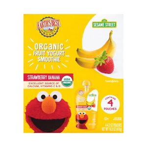 earth’s best organic kids snacks, sesame street toddler snacks, organic fruit yogurt smoothie for toddlers 2 years and older, strawberry banana, 4.2 oz resealable pouch (pack of 4)
