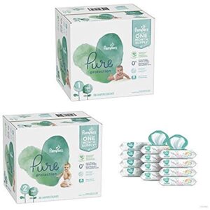 pampers bundle – pure disposable baby diapers sizes 1, 198 count & 2, 186 count with pampers sensitive water-based baby wipes, 12 pop-top and refill combo packs, 864 count