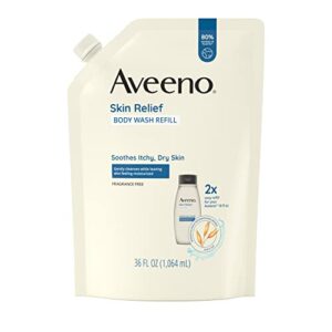 aveeno skin relief fragrance-free body wash refill with oat to soothe itchy, dry skin, gentle, formulated without soaps, dyes, parabens, phthalates & alcohol, for sensitive skin, 36 fl. oz