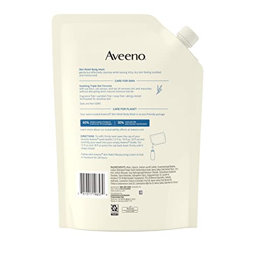 Aveeno Skin Relief Fragrance-Free Body Wash Refill with Oat to Soothe Itchy, Dry Skin, Gentle, Formulated without Soaps, Dyes, Parabens, Phthalates & Alcohol, for Sensitive Skin, 36 fl. oz