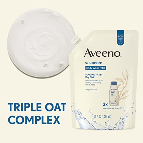 Aveeno Skin Relief Fragrance-Free Body Wash Refill with Oat to Soothe Itchy, Dry Skin, Gentle, Formulated without Soaps, Dyes, Parabens, Phthalates & Alcohol, for Sensitive Skin, 36 fl. oz