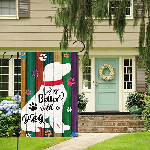 Life is Better With A Dog Pet Garden Flag 12 x 18 Double Sided, Burlap Small Dog Paw Farmhouse Garden Yard Flags for Seasonal Outside Outdoor House Decoration (Only Flag)